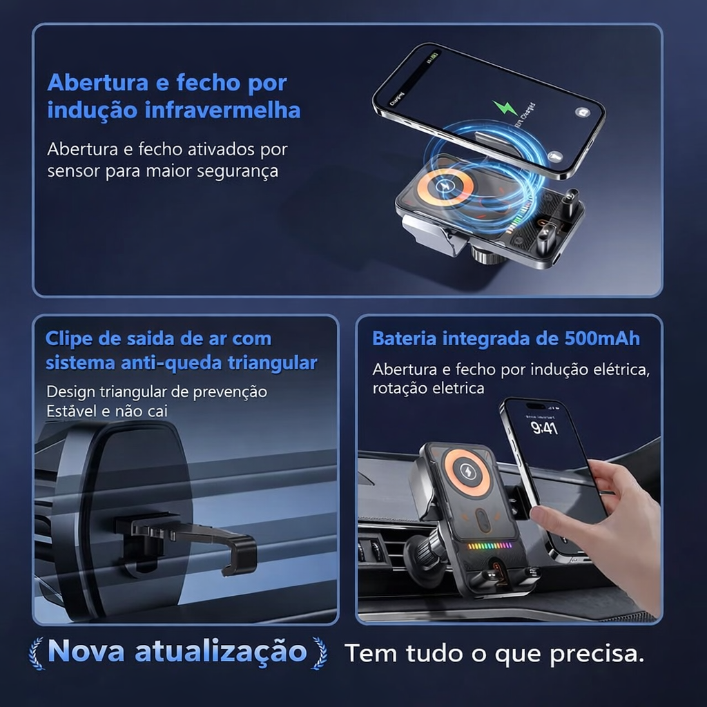 Suporte de Carro com Carregamento Rápido Sem Fios – 15 W Qi