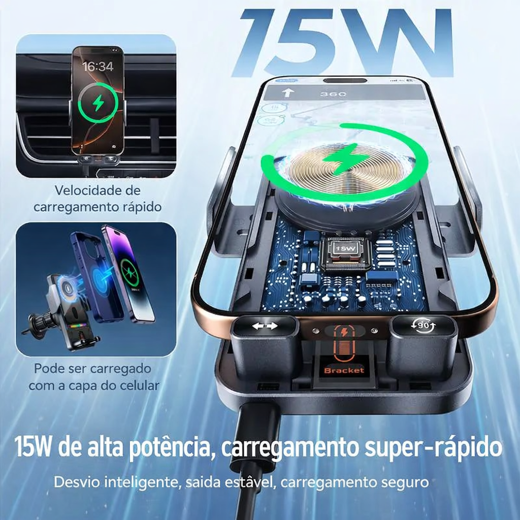 Suporte de Carro com Carregamento Rápido Sem Fios – 15 W Qi