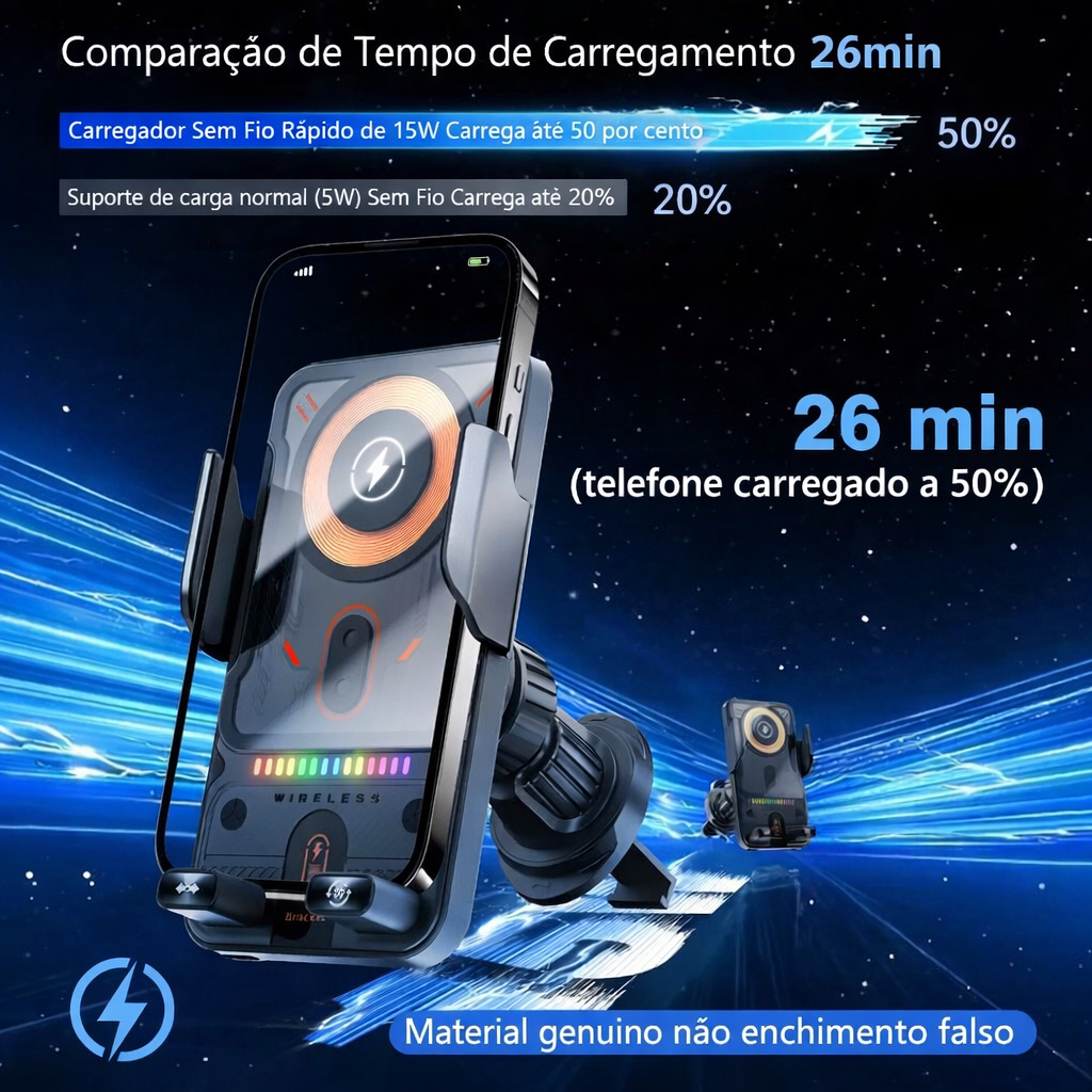 Suporte de Carro com Carregamento Rápido Sem Fios – 15 W Qi